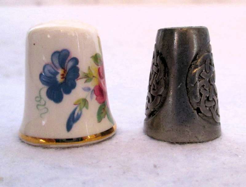 Vintage Pink Rose and Colourful Flowers Mason Porcelain Thimble and Scotish Celtic design thimble.