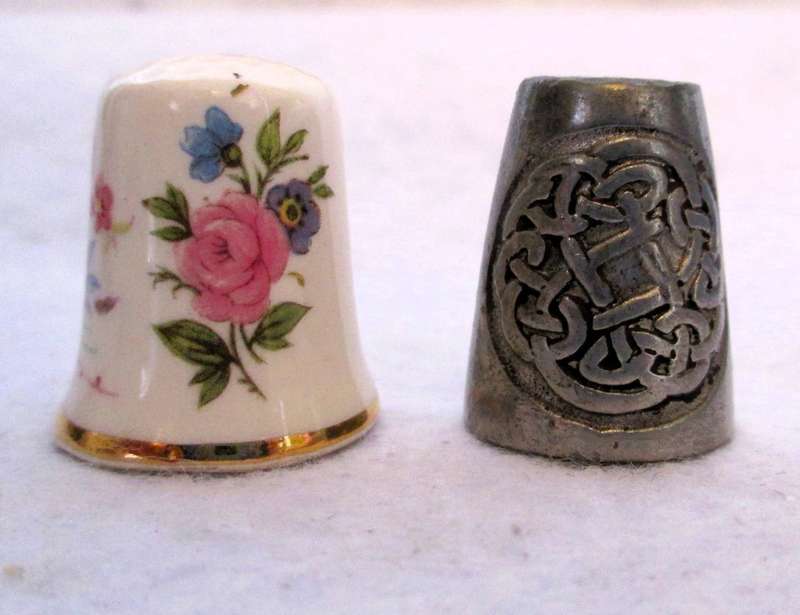 Vintage Pink Rose and Colourful Flowers Mason Porcelain Thimble and Scotish Celtic design thimble.