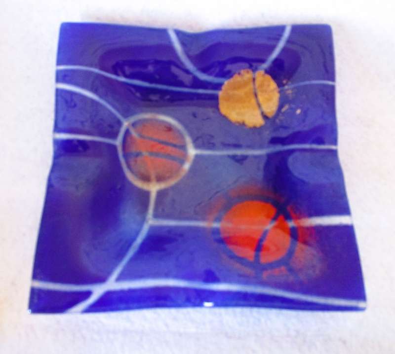 Lovely Fused Art Glass Cobalt Blue, Re and Gold And Ashtray of Trinket Dish. Square 215mm