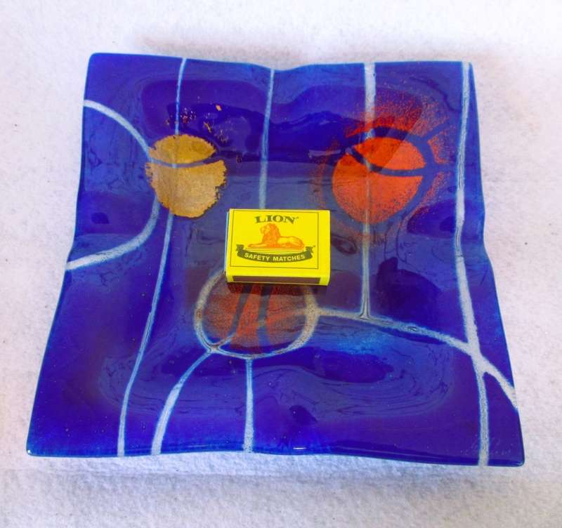 Lovely Fused Art Glass Cobalt Blue, Re and Gold And Ashtray of Trinket Dish. Square 215mm