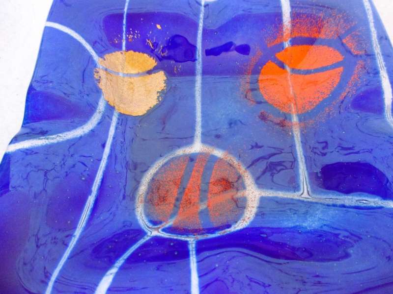 Lovely Fused Art Glass Cobalt Blue, Re and Gold And Ashtray of Trinket Dish. Square 215mm