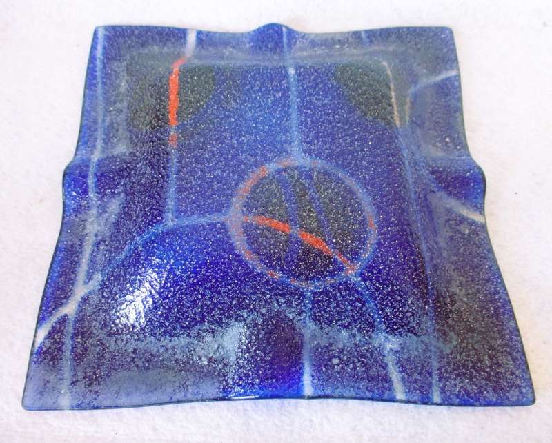 Lovely Fused Art Glass Cobalt Blue, Re and Gold And Ashtray of Trinket Dish. Square 215mm