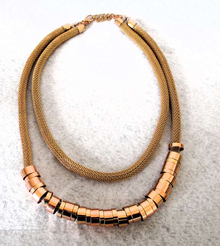 Stylish 2 Strand Layered Mesh with Metal Tunnel Beads Necklace in Rose Gold Tone - 55cm