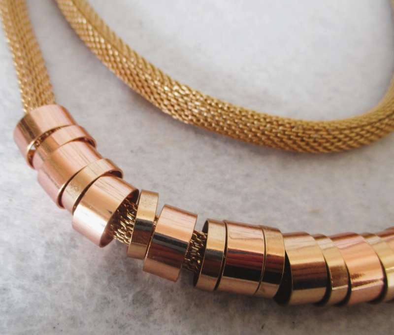 Stylish 2 Strand Layered Mesh with Metal Tunnel Beads Necklace in Rose Gold Tone - 55cm