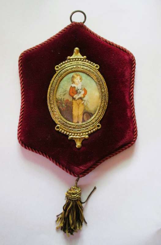 Arthur Devis Boy and Dog Print on silk, 18th Century Portrait in Ornate Frame on maroon velvet. 21cm