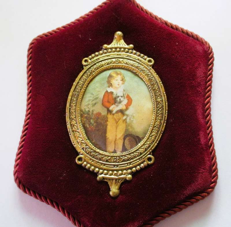 Arthur Devis Boy and Dog Print on silk, 18th Century Portrait in Ornate Frame on maroon velvet. 21cm