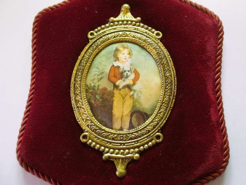 Arthur Devis Boy and Dog Print on silk, 18th Century Portrait in Ornate Frame on maroon velvet. 21cm