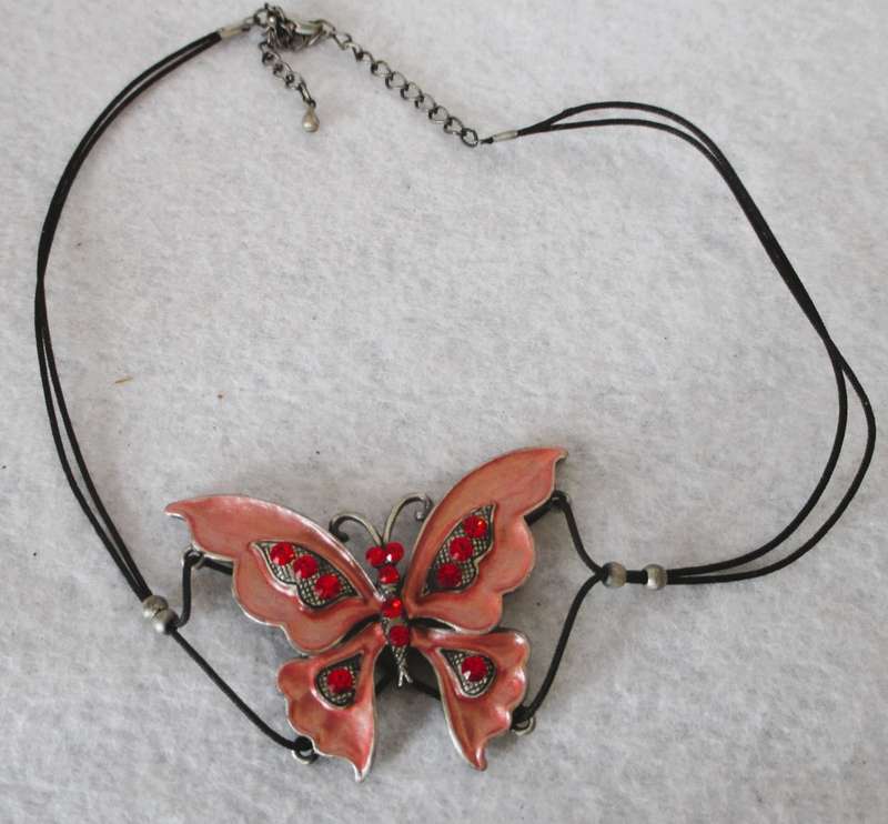SALE R25 -Lovely Blush Pink Enameled with Rhinestones Pewter Butterfly necklace. 40cm.