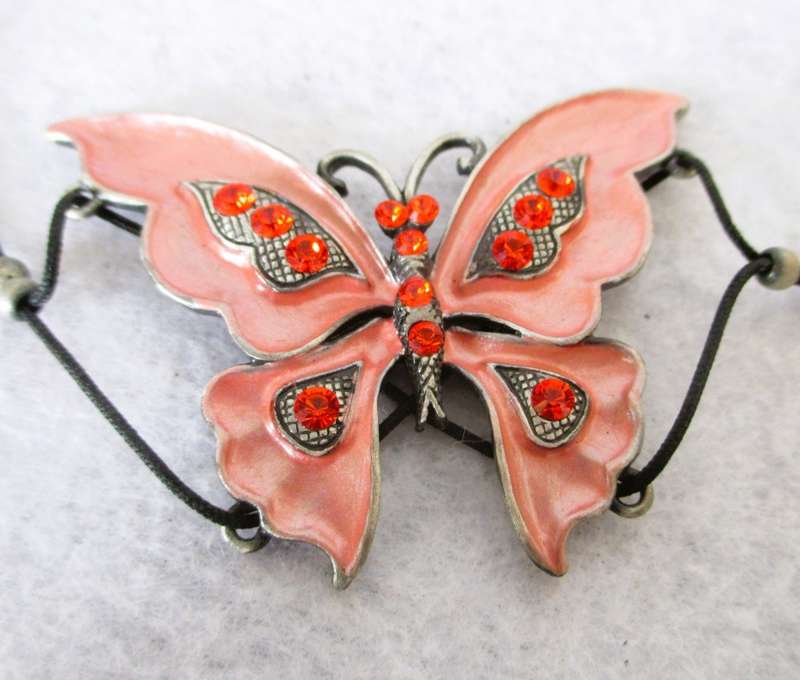 SALE R25 -Lovely Blush Pink Enameled with Rhinestones Pewter Butterfly necklace. 40cm.