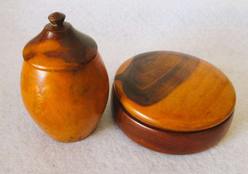 VINTAGE SOLID WOOD TOBACCO JAR AND ROUND BOX - BEAUTIFUL WOOD! See photo for scale.