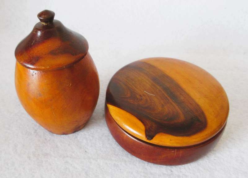VINTAGE SOLID WOOD TOBACCO JAR AND ROUND BOX - BEAUTIFUL WOOD! See photo for scale.