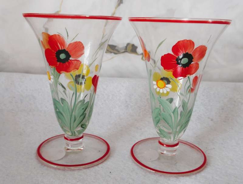 Vintage Pair clear glass hand painted poppy Flute vases. Very delicate. 110mm high.