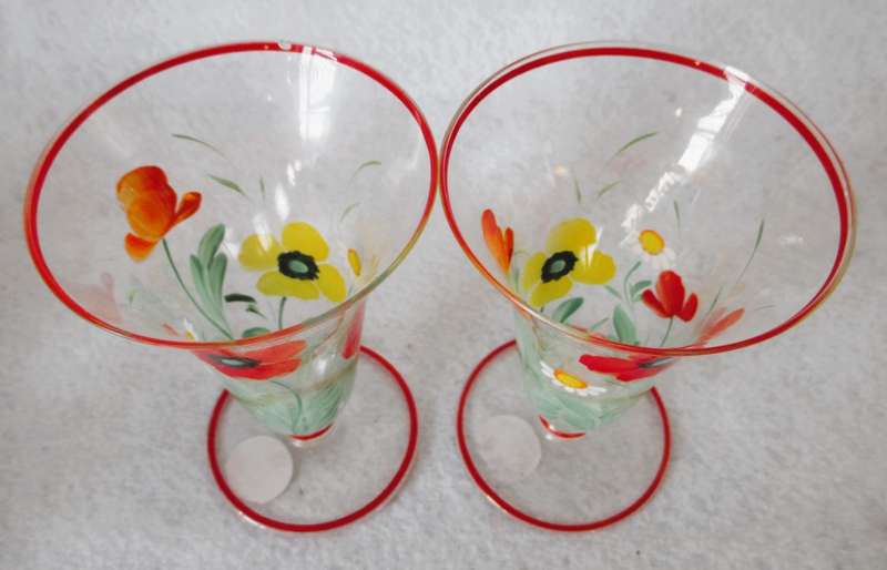 Vintage Pair clear glass hand painted poppy Flute vases. Very delicate. 110mm high.