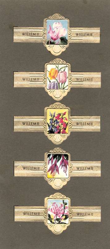 5 Vintage Flower Themed Wilhelm II Cigar Labels, Paper Tobacco Ephemera, Glued to page. 1950`s.