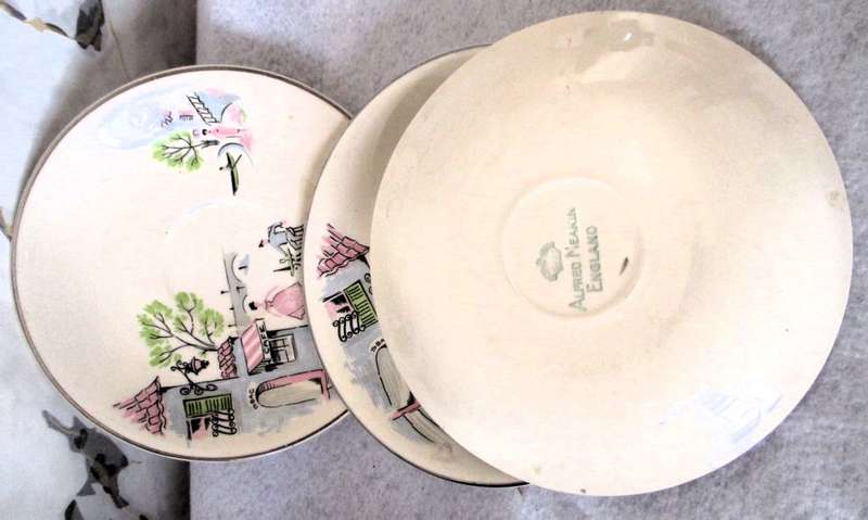 SALE R25 -Lot of 3 Vintage ALFRED MEAKIN `Down by The Seine` glow white Cafe Scene Saucers.