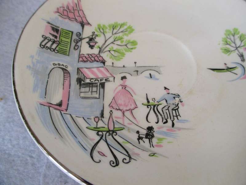 SALE R25 -Lot of 3 Vintage ALFRED MEAKIN `Down by The Seine` glow white Cafe Scene Saucers.
