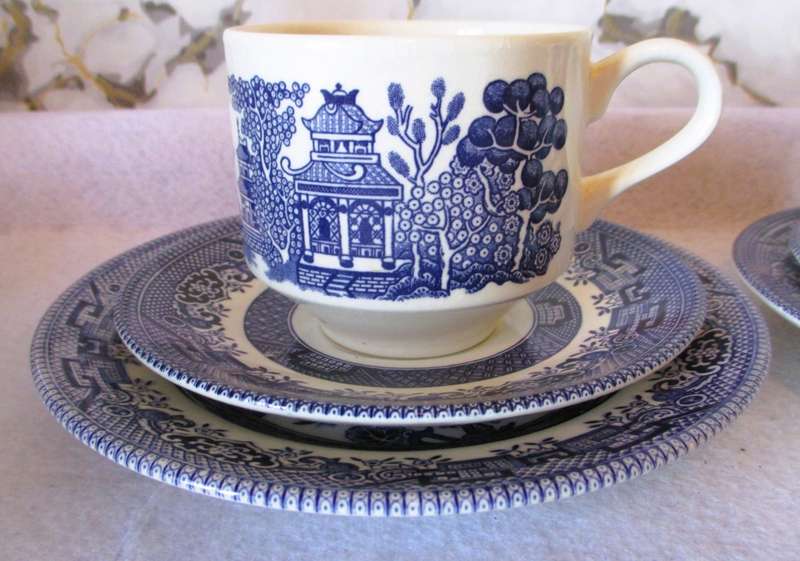 Blue Willow Fine English China Set of 2 Teacups Trio`s By Churchill England. Hairline crack, one cup