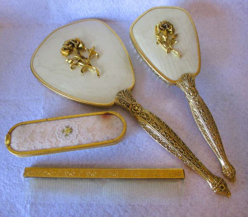 4 Piece Vintage Vanity Set Mirror Brush Comb Art Nouveau Ornate Gold Plated Flowers, in box.