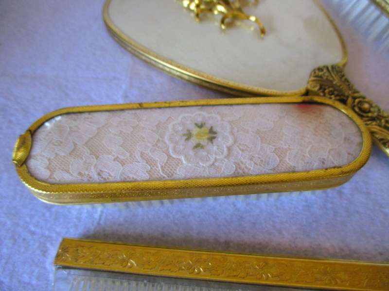 4 Piece Vintage Vanity Set Mirror Brush Comb Art Nouveau Ornate Gold Plated Flowers, in box.