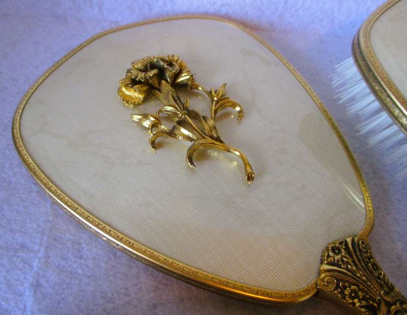 4 Piece Vintage Vanity Set Mirror Brush Comb Art Nouveau Ornate Gold Plated Flowers, in box.
