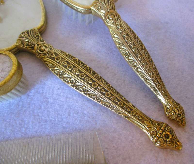 4 Piece Vintage Vanity Set Mirror Brush Comb Art Nouveau Ornate Gold Plated Flowers, in box.