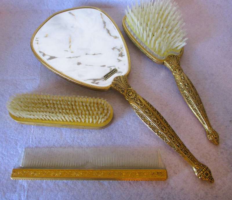 4 Piece Vintage Vanity Set Mirror Brush Comb Art Nouveau Ornate Gold Plated Flowers, in box.