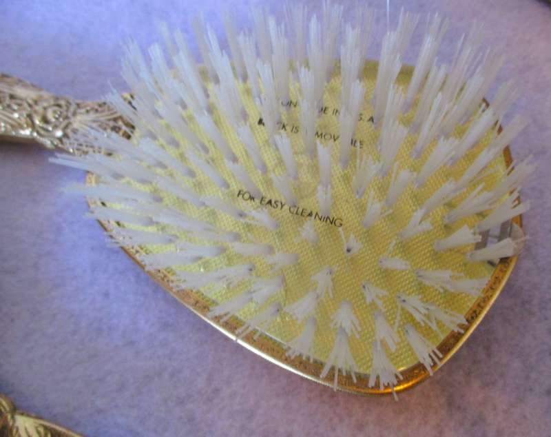 4 Piece Vintage Vanity Set Mirror Brush Comb Art Nouveau Ornate Gold Plated Flowers, in box.