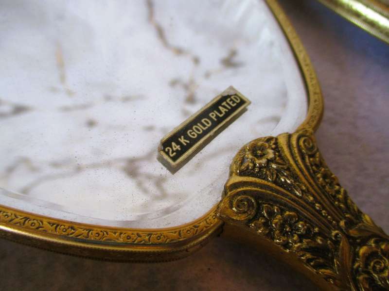 4 Piece Vintage Vanity Set Mirror Brush Comb Art Nouveau Ornate Gold Plated Flowers, in box.