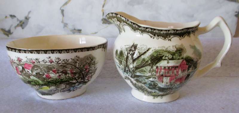 Johnson Bros. Friendly Village `Apple Orchard & Old Mill` Creamer & Sugar England. No chips or crack