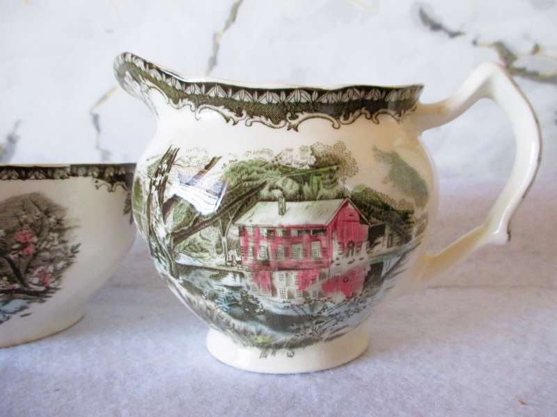 Johnson Bros. Friendly Village `Apple Orchard & Old Mill` Creamer & Sugar England. No chips or crack