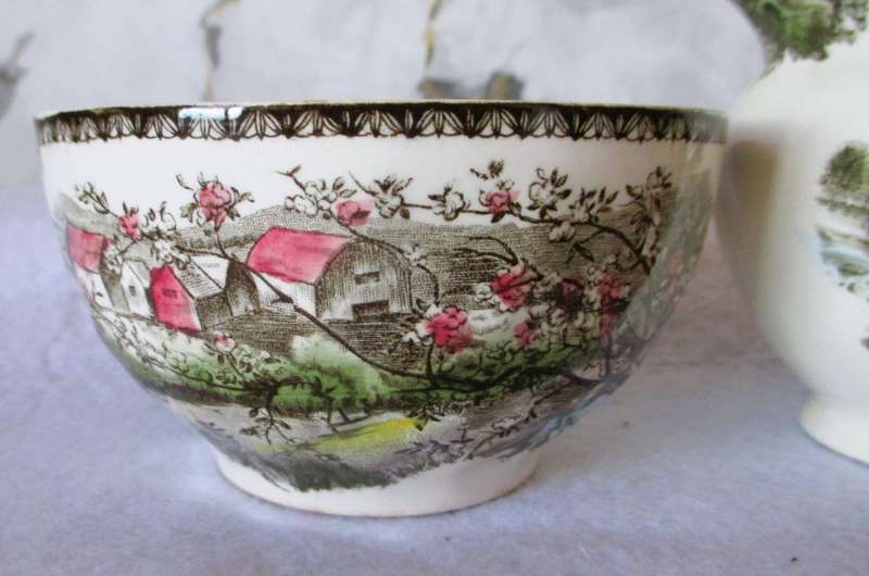 Johnson Bros. Friendly Village `Apple Orchard & Old Mill` Creamer & Sugar England. No chips or crack