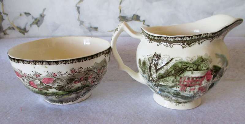 Johnson Bros. Friendly Village `Apple Orchard & Old Mill` Creamer & Sugar England. No chips or crack