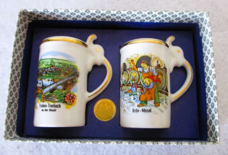 Vintage Mini German Beer Stein Salt & Pepper Shakers Porcelain w/ cork plugs. In box.