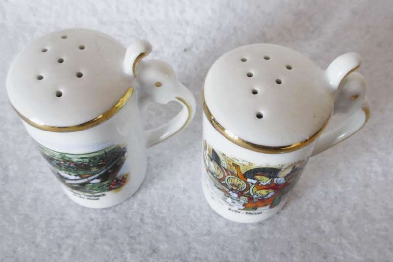 Vintage Mini German Beer Stein Salt & Pepper Shakers Porcelain w/ cork plugs. In box.