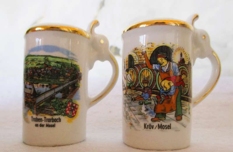 Vintage Mini German Beer Stein Salt & Pepper Shakers Porcelain w/ cork plugs. In box.