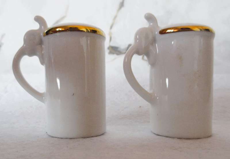 Vintage Mini German Beer Stein Salt & Pepper Shakers Porcelain w/ cork plugs. In box.