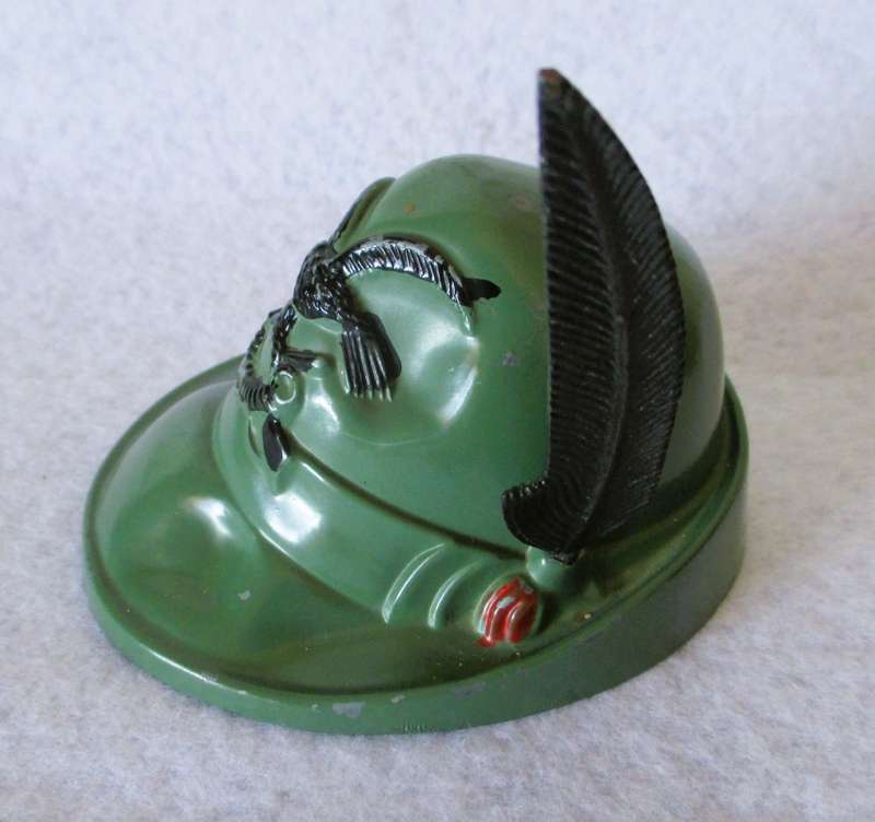 Vintage Mini German Hiking or Hunting Hat with Feather - Metal, green. 9x8x8cm