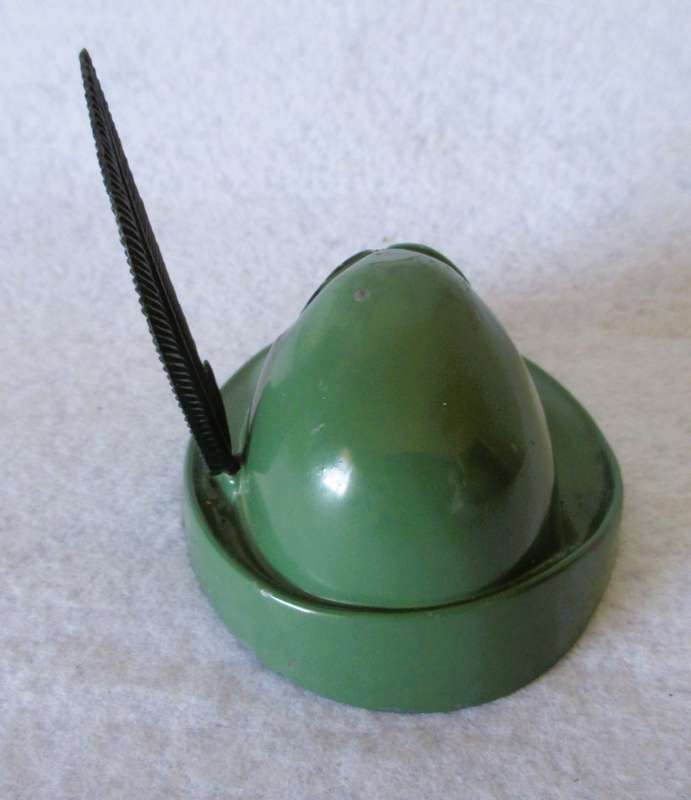 Vintage Mini German Hiking or Hunting Hat with Feather - Metal, green. 9x8x8cm