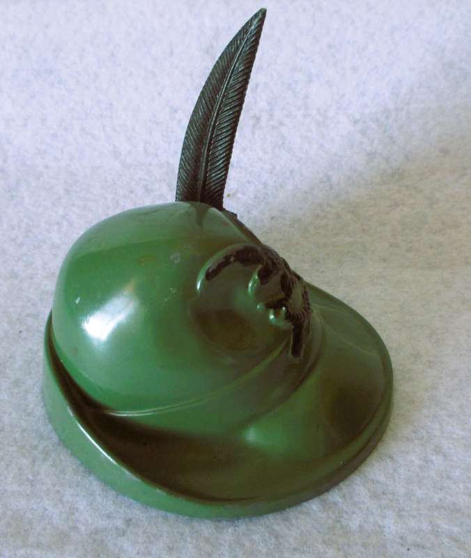 Vintage Mini German Hiking or Hunting Hat with Feather - Metal, green. 9x8x8cm