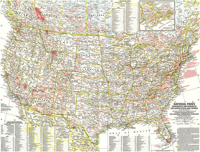 1958 National Parks Map Monuments and Shrines of USA and Canada. National Geographic. 63x43cm