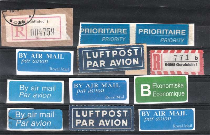 Lot of 12 different Airmail and other postal tags. As per scan.