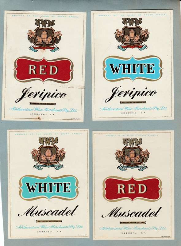 Four Different Vintage Union Wine and Spirit, Jeripico and Muscadel Bottle Lables. Oudtshoorn.