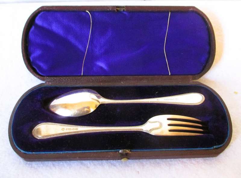 Antique VICTORIAN Silverplate CHRISTENING SET. Hallmarked, in original box.