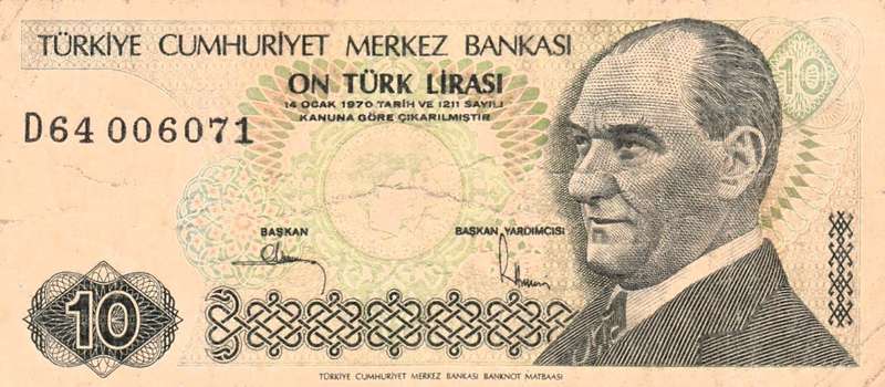1970 TURKEY 10 Lirasi Banknote. As per scan.