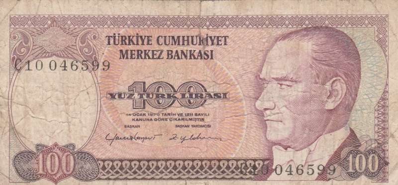 Turkey, 100 Lira, 1970 Banknote. As per scan. Torn middle top.
