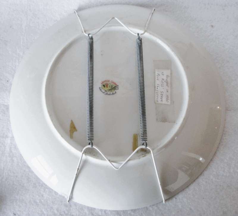 Vintage Porcelain hand painted Lamode wall hanging plate, with wire hanger.  circa 1960. 26cm dia.