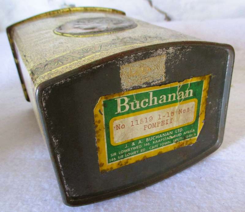 Vintage Buchanan Pompeii Themed tin, made in Cape Town. Eloborate Gold finishes. 140x100x80.