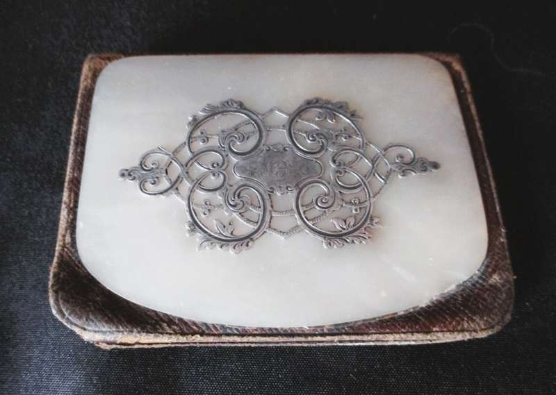 Antique 18th Century leather wallet with mother of pearl shell and silver embossed.