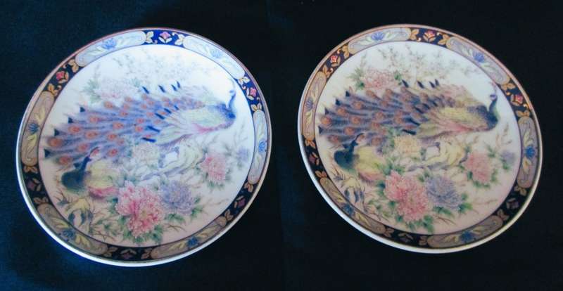 Two Japanese Toyo Decorative Plate Peacock Design, 100mm diameter.