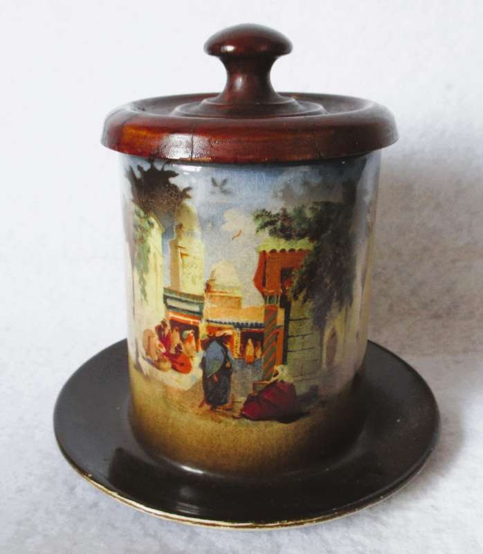 Antique Porcelain attached jar & saucer with wooden lid. Marked. 120mm high.